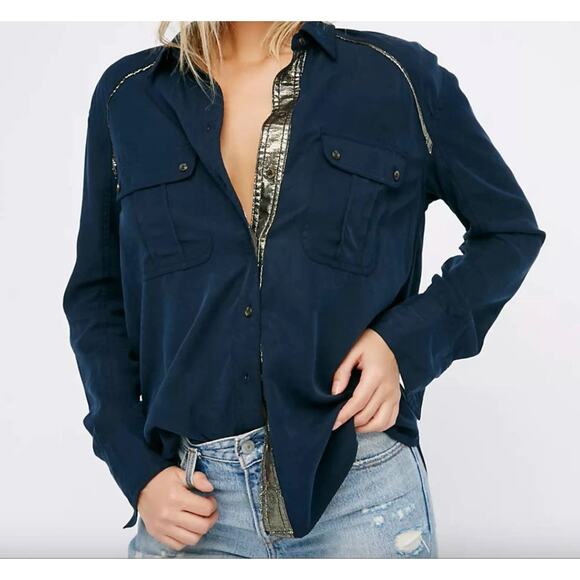 Free People Women Off Campus Metallic Detail Navy Button Up Shirt Size L… - Picture 1 of 11